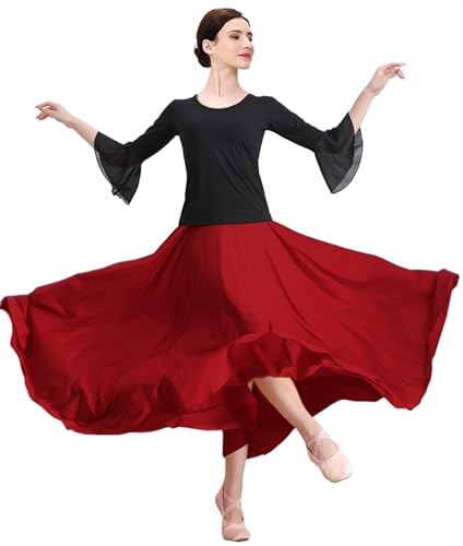 ZYACTU Damen Ballsaal Tanzrock Swing Hohe Taille Langer Rock Modern Walzer Flamenco-Tanz Kostüme, 05-Weinrot, Einheitsgröße von ZYACTU