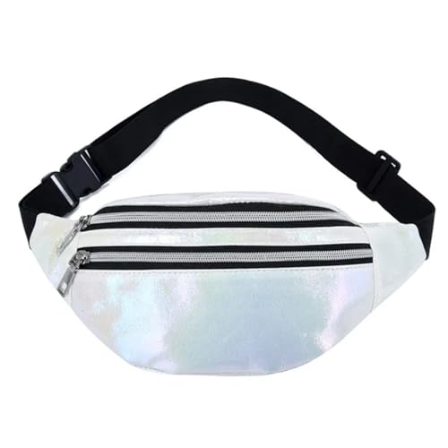 GläNzende Bauchtasche 1PC Holographische Fanny Pack Hologramm Taille Tasche PU Strand Reise Banana Hüfte Bum Zip Taille Taschen Frauen Gürtel Tasche for Mädchen Fur Sport(White) von ZYAGH