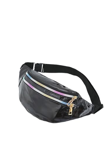 GläNzende Bauchtasche Holografische Gürteltasche for Damen, Herren, Kinder, metallische Farbe, Sport-Hüfttasche, Gürtel, Hologramm-Hüfttasche for Reisen, Laufen, Partys Fur Sport(Black) von ZYAGH