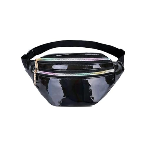 GläNzende Bauchtasche Holographische Fanny Pack Frauen Silber Bum Bag Reise Glänzende Taille Taschen Mode Mädchen Rosa Leder Hologramm Hüfte Tasche Fur Sport(Black) von ZYAGH