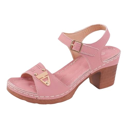 ZYAYNG Sandalen Mit Absatz Absatzsandalen mit verstellbaren Schnallen, mehreren Riemen, dicker mittlerer Absatz, einfarbige einzeilige Sandalen for Damen FüR Damen(Pink,38) von ZYAYNG