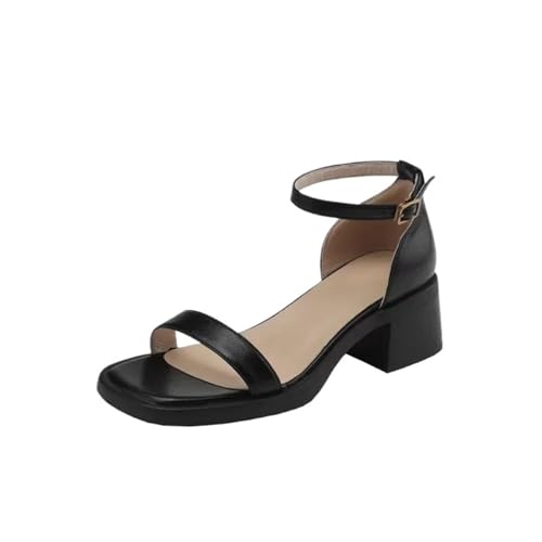 ZYAYNG Sandalen Mit Absatz Damen Sandalen Lederschuhe Knöchelriemen Runde Zehen Dicken Absätzen Schnalle Riemen Lady Schuhe FüR Damen(Black,38) von ZYAYNG