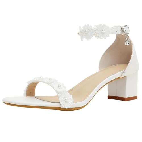ZYAYNG Sandalen Mit Absatz Damen Sandalen mit Blockabsatz, Kunstperlen-Dekor, Blumen, Knöchelriemen, runde Zehenpartie, elegant, klobige Absätze, minimalistisch FüR Damen(36) von ZYAYNG