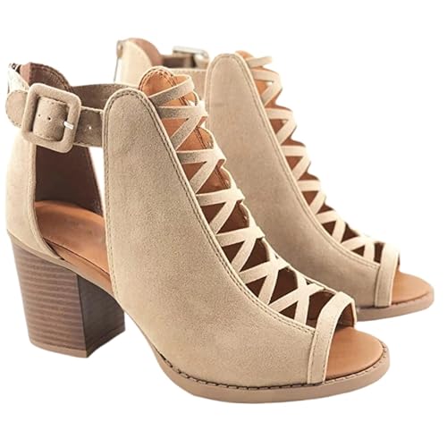 ZYAYNG Sandalen Mit Absatz Damen-Sandalen mit Fischmaul und klobigem Absatz, Strandsandalen Schnürung, lässige Damensandalen FüR Damen(Beige,38) von ZYAYNG
