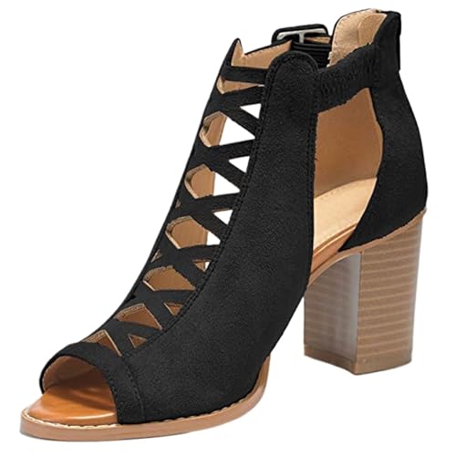 ZYAYNG Sandalen Mit Absatz Damen-Sandalen mit Fischmaul und klobigem Absatz, Strandsandalen Schnürung, lässige Damensandalen FüR Damen(Black,36) von ZYAYNG