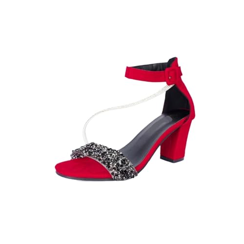 ZYAYNG Sandalen Mit Absatz Damen Sommer Sandalen Mittelhoher Absatz Ne Button Outdoor Heels for Frauen FüR Damen(Red,38) von ZYAYNG