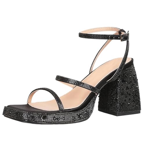 ZYAYNG Sandalen Mit Absatz Glänzende Kristalle Damen Sandalen Plateau Chunky High Heel Knöchelriemen Schnalle Riemen Schuhe Elegante Party FüR Damen(Black,7.5) von ZYAYNG