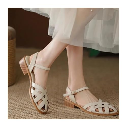 ZYAYNG Sandalen Mit Absatz Sommer Frauen Sandalen Weben Abdeckung Zehen Schuhe Damen Komfort Niedrigen Absatz Strand Urlaub Sandalias FüR Damen(Beige,35) von ZYAYNG