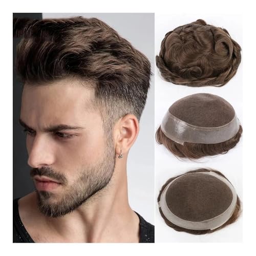 Haarsystem für Männer, Männliche menschliche Perücke Haarteil Schweizer Spitze PU um Prothese männliche Perücke Haarersatzsystem reine Handarbeit for Männer Toupet(Light Brown,6x8) von ZYDLMBJL