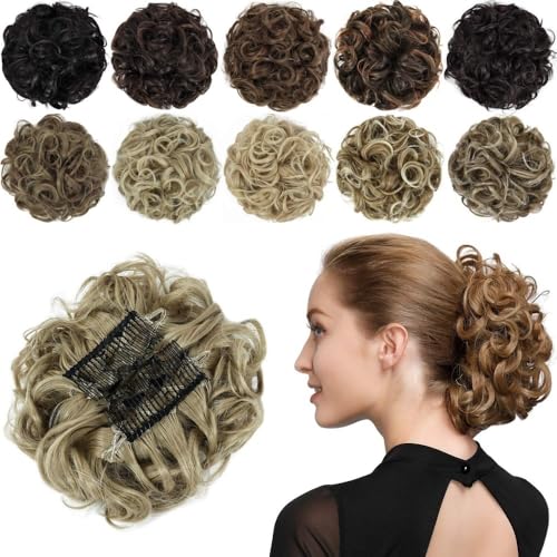 ZYDLMBJL Dutt-Haarteile für Frauen, Haarteil mit Rosenknospen-Chignon und Kämmen – Locken-Dutt-Extensions, Scrunchie-Hochsteckfrisur(Dark Gold) von ZYDLMBJL