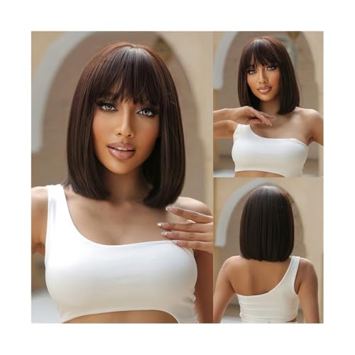 ZYDLMBJL Perücken Echthaar, Dunkelbraune Kurze Bob-Kunsthaar-Perücken mit Pony, gerade Cosplay-Lolita-natürliche Perücke for Frauen, Afro, stumpfer Schnitt, hitzebeständig von ZYDLMBJL