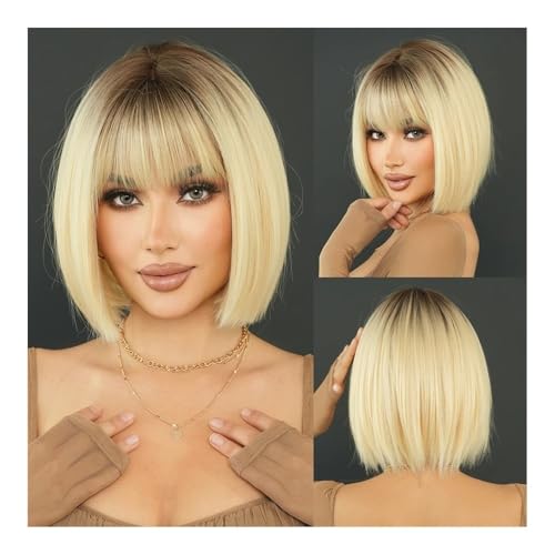 ZYDLMBJL Perücken Echthaar, Hellbraune Bob-Perücke for Damen mit glattem Haar, hochglänzende Blonde Perücke mit 150 Dichte und vollem Pony(Light Yellow) von ZYDLMBJL