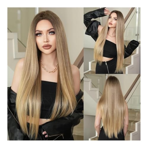 ZYDLMBJL Perücken Echthaar, Lange gerade honigblonde Perücken for Frauen, tägliche Cosplay-Perücken von ZYDLMBJL