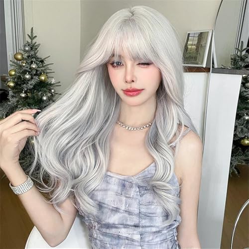 ZYDLMBJL Perücken Echthaar, Lange gewellte braune Damenperücke for Frauen, tägliche Party, Lange gewellte Perücken mit flauschigem Pony(White) von ZYDLMBJL