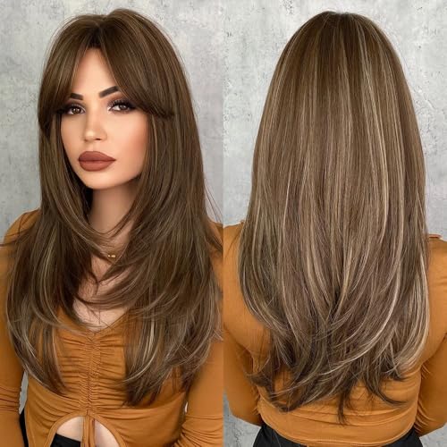 ZYDLMBJL Perücken Echthaar, Modische Lange gerade Honigblonde Perücke for Frauen, tägliche Cosplay-Perücke, synthetische geschichtete Hai-Perücken for den täglichen Gebrauch(Brown) von ZYDLMBJL