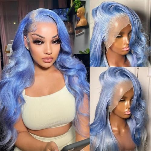 ZYDLMBJL Perücken Echthaar, Ozeanblaue Lace-Front-Perücke for Damen mit modischem Body-Wave-Haaransatz und 180% Dichte(Light Blue,22 Inch) von ZYDLMBJL