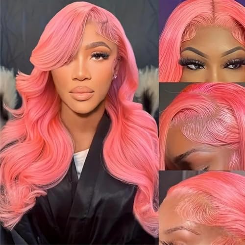 ZYDLMBJL Perücken Echthaar, Ozeanblaue Lace-Front-Perücke for Damen mit modischem Body-Wave-Haaransatz und 180% Dichte(Pink,18 Inch) von ZYDLMBJL