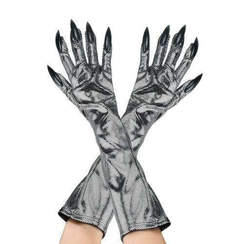ZYDYRX Halloween Handschuhe Cosplay Ghost Witch Devil Paw Mardi Gras Party Lange Halloween Silber Langen Nagel Handschuhe für Damen Herren Erwachsene von ZYDYRX
