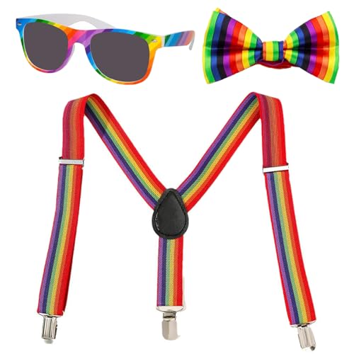 ZYEKIU 1 Satz Hosenträgerset mit Regenbogen-Fliege Hosenträger Set Hosenträger Bunt Fliege Herren Clown Accessoires Männer und Damen Y-Typ Einstellbar und Elastisch mit Sehr Starken 3 Metall Clips von ZYEKIU