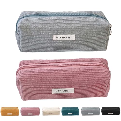 ZYEKIU 2 Stück Stiftemäppchen, Cord Stoff Pencil Case, Waschbar Stiftemäppchen Mäppchen mit Praktischem Reißverschluss Tragbares Federmappe für Teenager Männer Und Frauen (Grau+Rosa) von ZYEKIU
