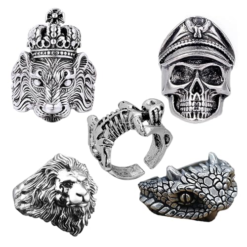 ZYEKIU 5 Stück Siegelring Herren Totenkopf Ring Edelstahl Ring Herren Herrenring Verstellbare Ringe Mehrere Stile Öffnungsdesign für Halloween Weihnachten Hip-Hop Punk Schwarz Silber Vintage Ringe von ZYEKIU