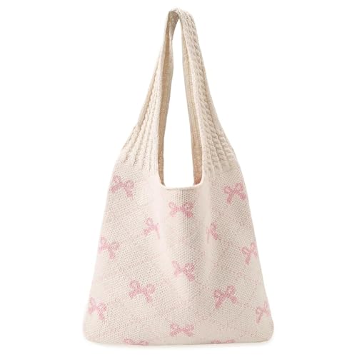 ZYEKIU Beige Häkeltasche mit Rosa Schleifen, Gehäkelte Tasche Leicht, Strandtasche Große Kapazität, Gehäkelte Tragetasche Tragbar, Tote Bag Aesthetic für Reisen Einkaufen Dating Strand (Beige) von ZYEKIU