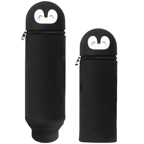 ZYEKIU Federmäppchen Stiftbehälter Kawaii 2 in 1 Weiches Silikon Federmäppchen, Tiere Lächelnd Pinguin Tischstifthalter Teleskopisch Mäppchen Kinder Schule Home Office Supplies (Schwarzer Pinguin) von ZYEKIU