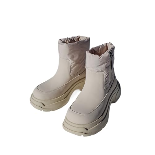 ZYFHYU Echtes Leder Runde Zehen dicke Sohle klobigen Absätzen Frauen Schnee Stiefel Volltonfarbe Reißverschluss wasserdichte Winter weibliche Schuhe für Damen(Beige,36) von ZYFHYU