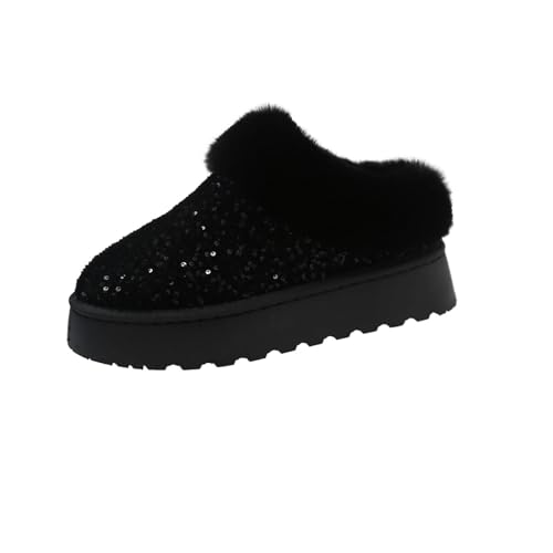 ZYFHYU Winter Damen Kurze Plüsch Warme Schneestiefel Freizeitschuhe Glitzernde Stiefeletten Flats Plateau Damenschuhe für Damen(Black,41) von ZYFHYU