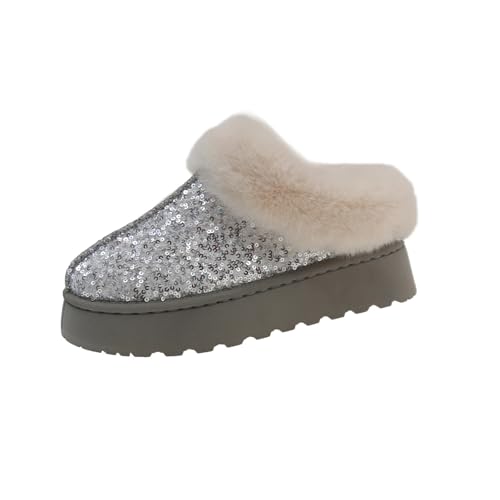ZYFHYU Winter Damen Kurze Plüsch Warme Schneestiefel Freizeitschuhe Glitzernde Stiefeletten Flats Plateau Damenschuhe für Damen(Silver,42) von ZYFHYU