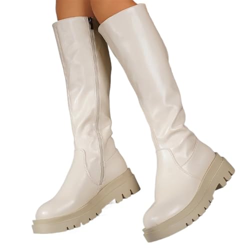 ZYFHYU Wohnungen Plattform Schnee Frau Hohe Stiefel Leder Winter Gemütliche Wanderschuhe Frauen Trend Casual Chaussure Femme für Damen(Beige,43) von ZYFHYU