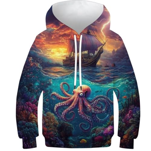 ZYGAOKDD Octopus Kapuzenpullover Für Jungen Und Mädchen, 3D-Druck, Neuartig, Bunt, Coole Kinder-Sweatshirts 11-13Y von ZYGAOKDD