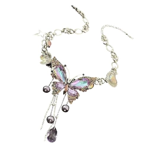 ZYHARUKO Glitzernde Halskette mit Schmetterlingssymbol, verstellbare Halskette mit dynamischen Fransen, handgefertigter Schmuck, zierliche, verstellbare Schlüsselbeinkette mit Strasssteinen von ZYHARUKO
