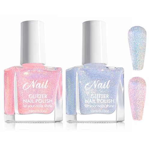 2Pcs Glitzer Nagellack Rosa Nachts Leuchten Ungiftiger Auf Wasserbasis langanhaltender Nagellack mit veganer Reflective Glitter Nail Polish für glänzende Nägel von ZYHDFH