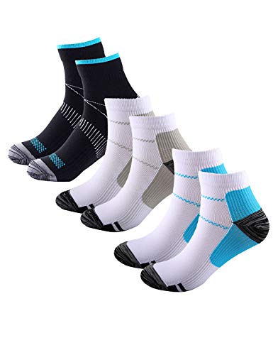 ZYHstore 3 Paar Kompressionssocken für Herren Damen Kompressionsstrümpfe Wandersocken Laufsocken lindern Schmerzen unterstützen Ferse Fußbogen und Knöchel Arch & Knöchel (Schwarz+Blau+Grau) von ZYHstore