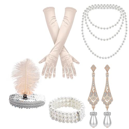 ZYKEJJDDAK 1920er Jahre Kostüm Schmuck Zubehör Pailletten Gefiedertes Stirnband Halskette Armbänder Ohrring Handschuhe für Damen von ZYKEJJDDAK
