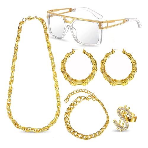 ZYKEJJDDAK 1980er Jahre Hip Hop und Punk Zubehör Set mit Kette Halskette Ohrringe Armbänder und Brille für Männer Frauen 1980er Jahre, Size Approx. 14.5x5.6x14cm/5.7x2.2x5.5in, Umweltfreundliche von ZYKEJJDDAK
