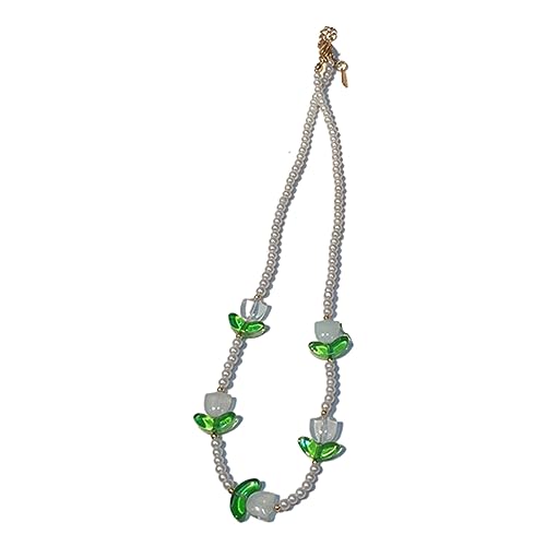 ZYKEJJDDAK Anmutige Tulpenblumen-Halskette, süße Perlenblumen-Choker, Damen-Schmuck, Romantiker, Blumen-Perlen, 3.12x1.95in, Legierung und glasiert, Kein Edelstein von ZYKEJJDDAK