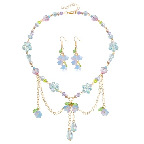 ZYKEJJDDAK Blatt-Blumen-Charm-Halskette, Ohrringe mit auffälligem Anhänger für Mode-Liebhaber, Choker-Charm-Halsketten, 42 cm, Metall, Kein Edelstein von ZYKEJJDDAK