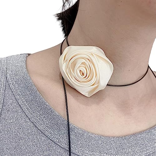 ZYKEJJDDAK Fashion Silk Rose Flower Choker Necklace Neck Chain Temperament Long Lace-up Necklace Fashion Collar Necklace, 5 cm, Stoff, Kein Edelstein von ZYKEJJDDAK