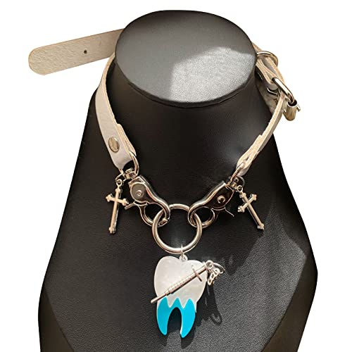 ZYKEJJDDAK Fashion Trend Subkultur Leder Schlüsselbeinkette Temperament einfach kalt gekreuzt große Zähne Metall, 50CM1.4CM, PU + Legierung + Acryl, Kein Edelstein von ZYKEJJDDAK