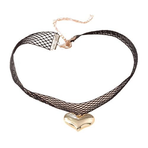 ZYKEJJDDAK Goth Lace Mesh Love Heart Pendant Choker High Grade Necklace for Women Elegant All Matching Adjustable Chain, SizeApprox.3410cm/13.383.93in, Legierung und Spitze, Kein Edelstein von ZYKEJJDDAK