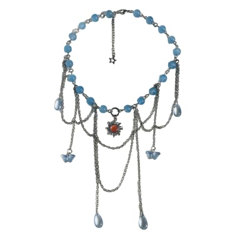ZYKEJJDDAK Halskette mit Mond-Stern-Anhänger, Kristallperlen, Sonnenquasten, Choker-Halskette für Damen, Party-Statement-Schmuck, 2.73x3.12in, Harz-Edelstahl, Kein Edelstein ZYKEJJDDAK Halskette mit Mond-Stern-Anhänger, Kristallperlen, Sonnenquasten, Choker-Halskette für Damen, Party-Statement-Schmuck, 2.73x3.12in, Harz-Edelstahl, Kein Edelstein von ZYKEJJDDAK