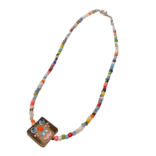 ZYKEJJDDAK Halskette mit Monster-Anhängern aus Kunstharz, für Party, Statement, Halsschmuck, bunte Perlen, Halskette aus Harz für den täglichen Gebrauch, 3.12x1.95in, Harz + Reisperlen, Kein Edelstein von ZYKEJJDDAK