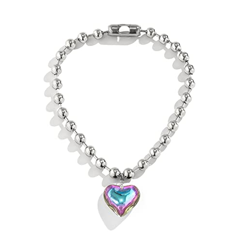 ZYKEJJDDAK Koreanische runde Perlenkette Kristall Liebesform Anhänger Halskette weiblich einfaches kaltes Hip-Hop-Schlüsselbein, 4 cm, Metall, Kein Edelstein von ZYKEJJDDAK