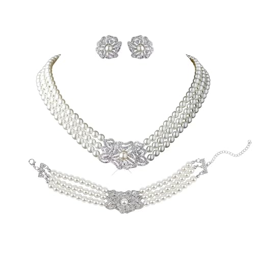 ZYKEJJDDAK Luxuriöses viktorianisches inspiriertes Halsketten-Ohrring-Armband-Set mit funkelnden Kristallen und Perlen für Partys von ZYKEJJDDAK
