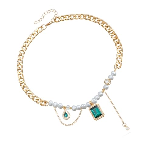 ZYKEJJDDAK Modische Damen Choker Halskette mit grünem Zirkon und Imitation Perlen Hervorhebung Ausschnitt Elegant von ZYKEJJDDAK