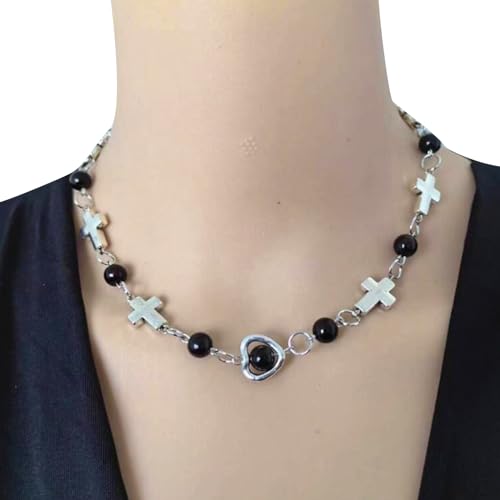 ZYKEJJDDAK Modische Damen-Halskette, Schmuck, schöne Perlen-Halskette mit Herz und Kreuz-Anhänger für Partys, 43 cm, Acryl + Legierung + Kunstperlen, Kein Edelstein von ZYKEJJDDAK