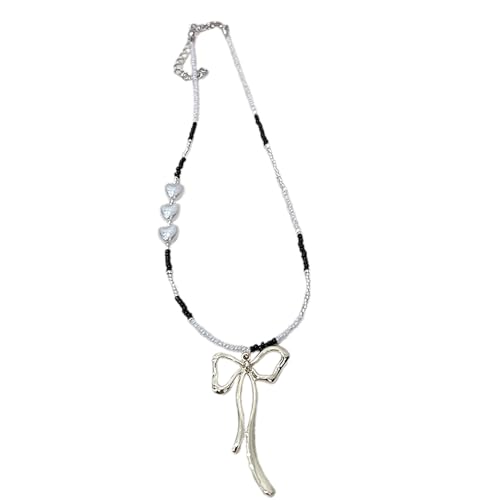 ZYKEJJDDAK Modische Perlenkette, Choker, eleganter Metall-Schleifenanhänger, Halskette, einfache Schlüsselbeinkette, modische Halskette, 42 cm, Reisperlen + Legierung, Kein Edelstein von ZYKEJJDDAK