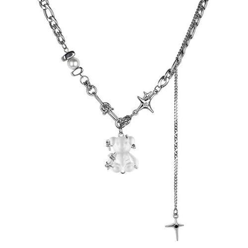 ZYKEJJDDAK Neuartiger Schwarz- und Bären-Anhänger, passendes Schlüsselbein-Kette, verstellbare Stahlkette, kaltes Lederseil von ZYKEJJDDAK